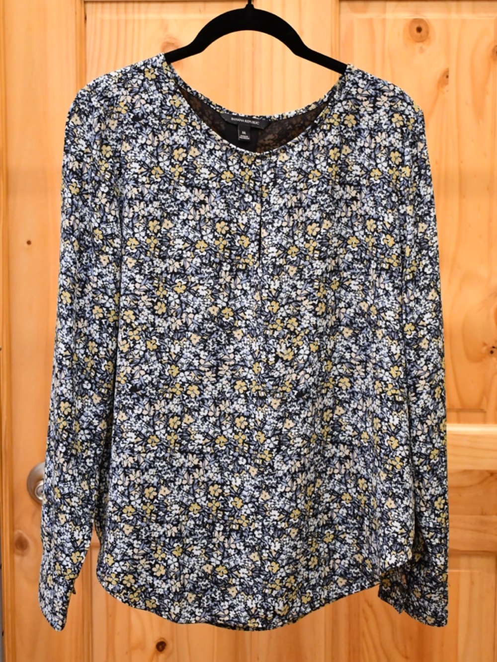 Banana Republic Navy Floral Long-Sleeve Blouse with Yellow Accents